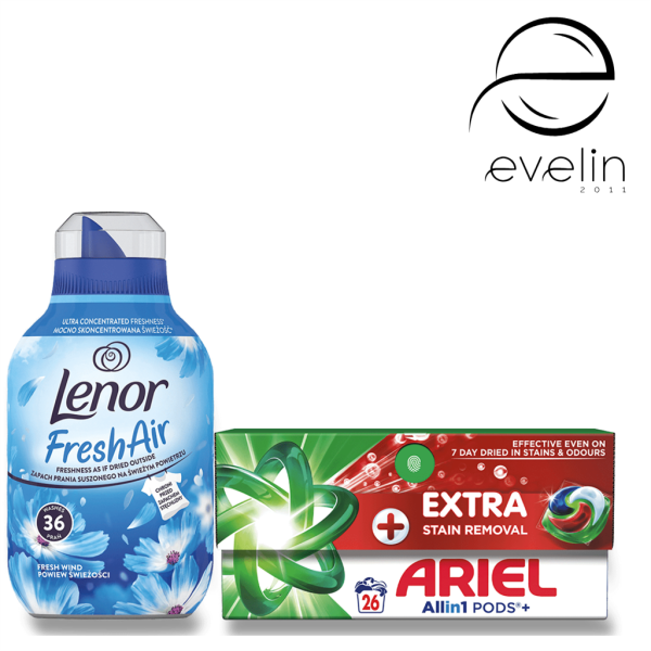 Капсули Ариел 26 бр. All in 1 Extra Stain Removal+Ленор 504мл.36 пр.Fresh Wind
