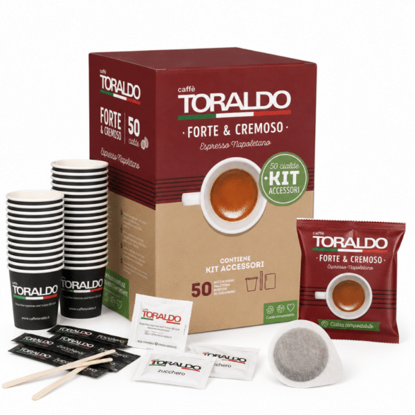 Кафе Toraldo Комплект Капсули 50 бр. хартиени + *50 бр. аксесоари всеки (захар, бъркалки, чашки) - Forte & Cremoso*