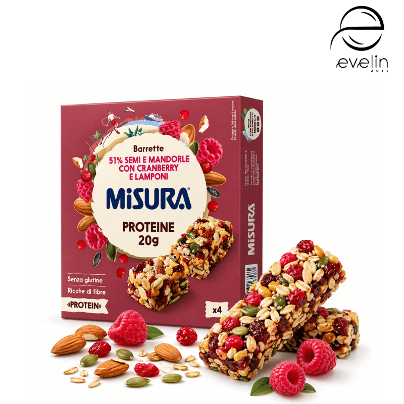 Протеинови барчета Misura 51% Семена и бадеми с червена боровинка и малини 4Х30 гр