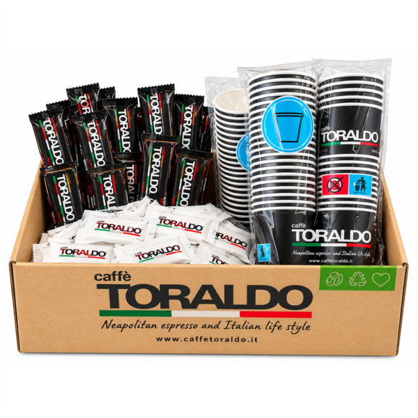 Кафе Toraldo комплект картонени чашки + пакетчета захар + бъркалки 150 бр.